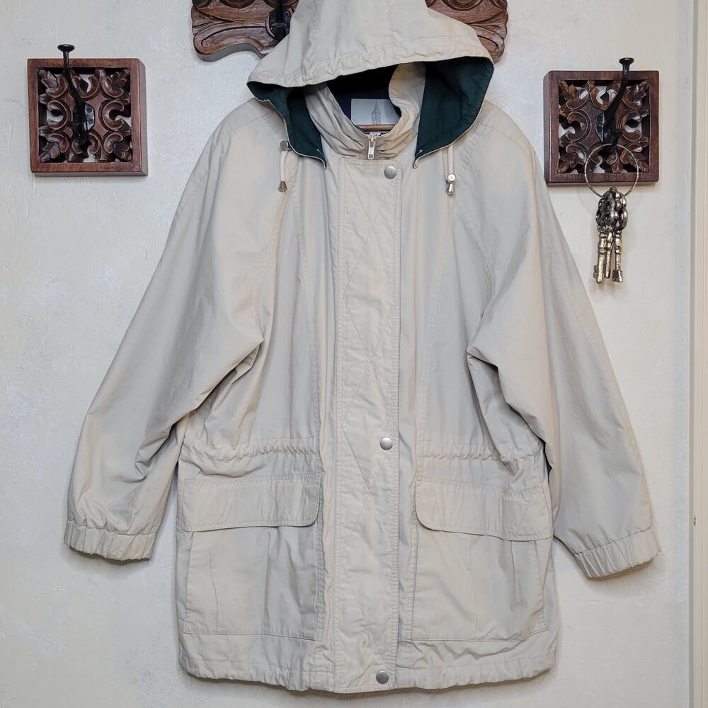 VTG London Fog Mens Lightweight Khaki Tan Cargo Parka Jacket Removable Hood✨️XL
